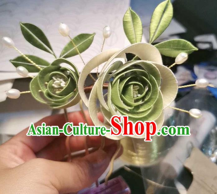 Chinese Ancient Song Dynasty Princess Green Silk Rose Hair Comb Handmade Hairpin Traditional Hair Jewelry