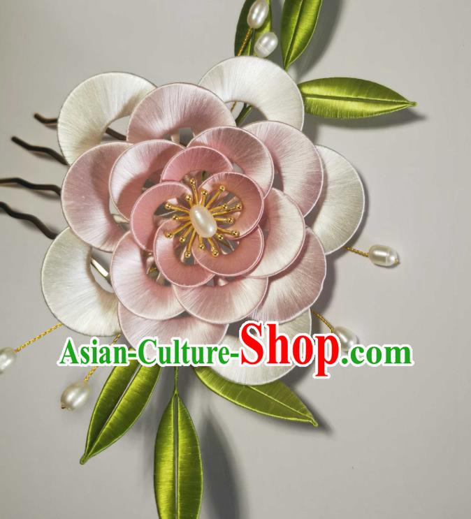 Chinese Traditional Pearls Hair Jewelry Handmade Pink Silk Camellia Hairpin Ancient Princess Hair Comb