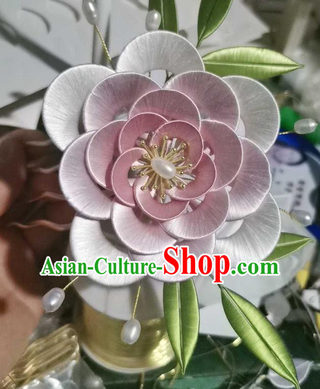 Chinese Traditional Pearls Hair Jewelry Handmade Pink Silk Camellia Hairpin Ancient Princess Hair Comb