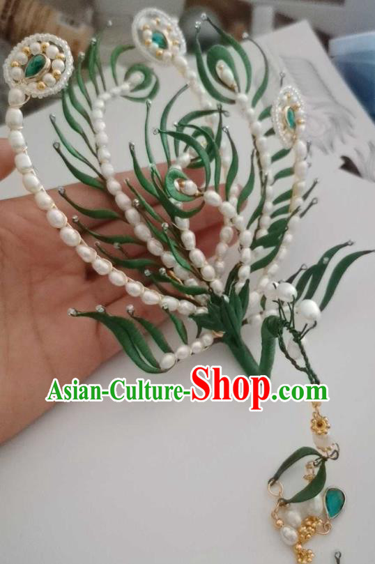 Chinese Ancient Queen Pearls Hair Crown Traditional Hair Jewelry Handmade Green Phoenix Hairpin