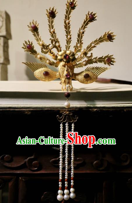 Chinese Handmade Pearls Long Tassel Hairpin Traditional Hair Jewelry Ancient Ming Dynasty Empress Golden Phoenix Hair Crown