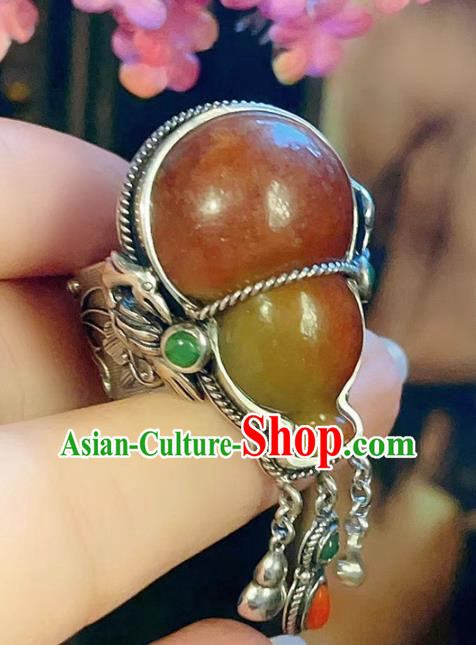 Chinese National Silver Ring Jewelry Traditional Handmade Jadeite Gourd Circlet Accessories
