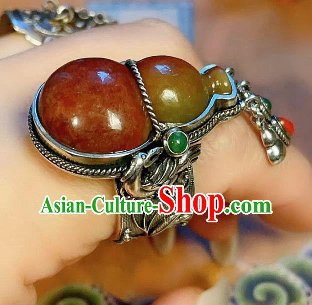 Chinese National Silver Ring Jewelry Traditional Handmade Jadeite Gourd Circlet Accessories