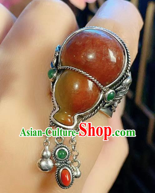 Chinese National Silver Ring Jewelry Traditional Handmade Jadeite Gourd Circlet Accessories