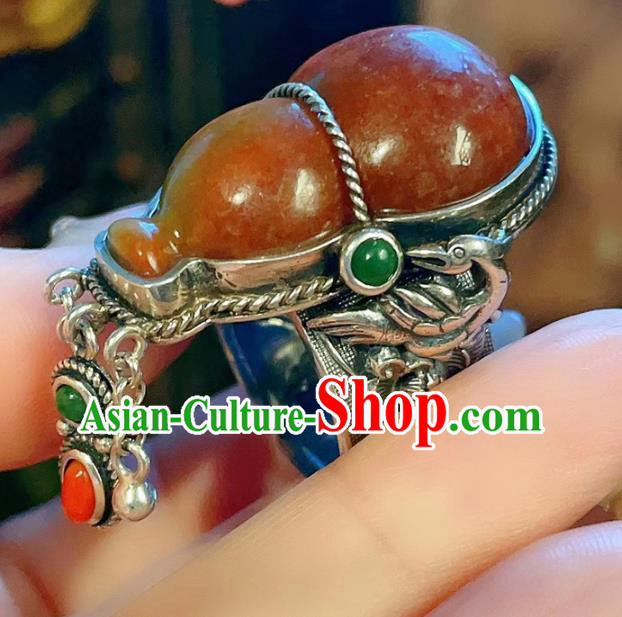 Chinese National Silver Ring Jewelry Traditional Handmade Jadeite Gourd Circlet Accessories