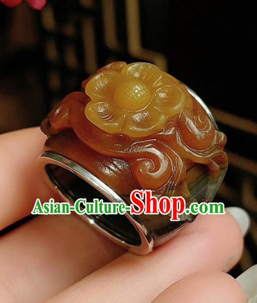 Chinese National Ring Silver Jewelry Traditional Handmade Jadeite Carving Plum Circlet Accessories