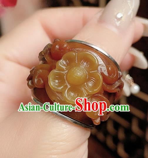 Chinese National Ring Silver Jewelry Traditional Handmade Jadeite Carving Plum Circlet Accessories
