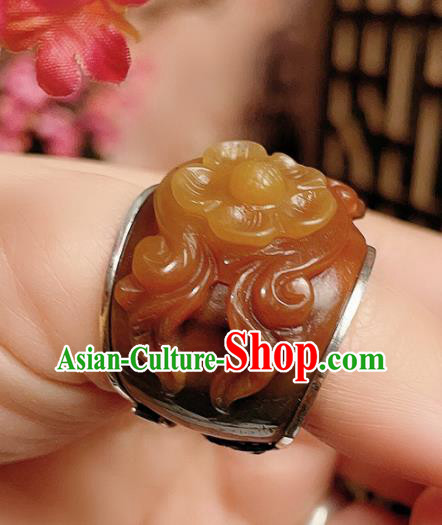 Chinese National Ring Silver Jewelry Traditional Handmade Jadeite Carving Plum Circlet Accessories