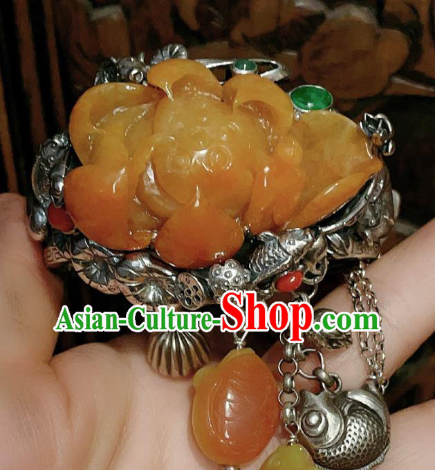 Chinese National Jade Carving Lotus Bracelet Jewelry Traditional Handmade Accessories Silver Bangle