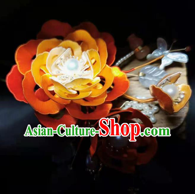 China Handmade Ancient Princess Orange Peony Hair Stick Traditional Hair Accessories Song Dynasty Pearls Hairpin