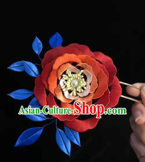 China Handmade Ancient Princess Silk Hair Stick Traditional Hair Accessories Song Dynasty Red Camellia Hairpin