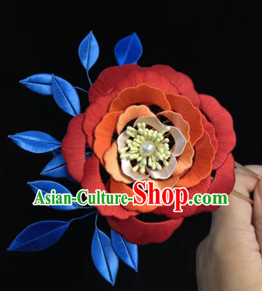 China Handmade Ancient Princess Silk Hair Stick Traditional Hair Accessories Song Dynasty Red Camellia Hairpin