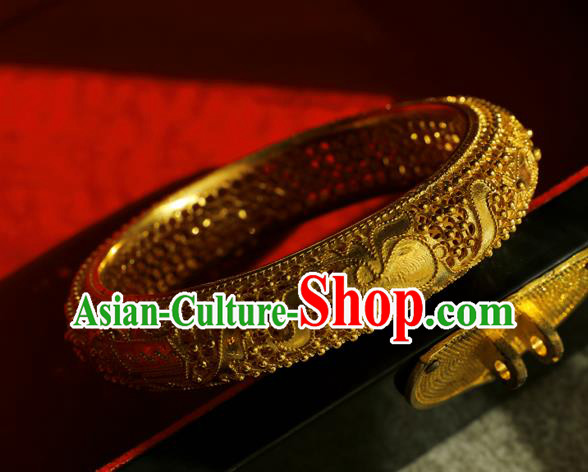 Handmade Chinese Traditional Ming Dynasty Filigree Bracelet Accessories Wedding Golden Bangle Jewelry