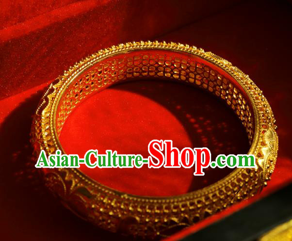 Handmade Chinese Traditional Ming Dynasty Filigree Bracelet Accessories Wedding Golden Bangle Jewelry
