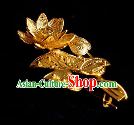 Handmade Chinese Cheongsam Golden Lotus Brooch Accessories Traditional Wedding Breastpin Jewelry