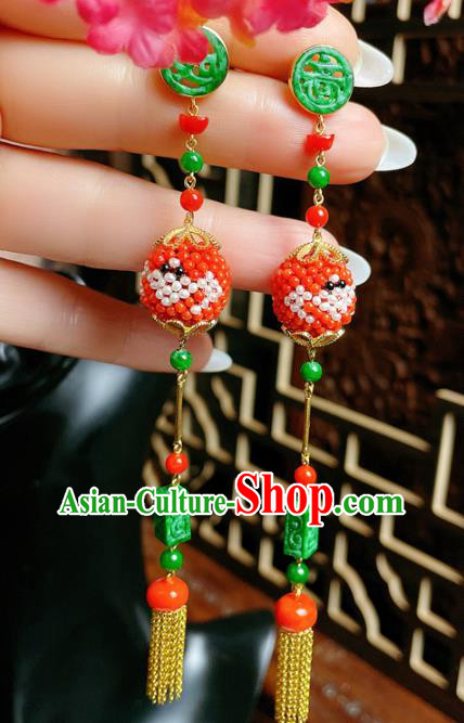 Chinese National Jadeite Tassel Earrings Traditional Jewelry Handmade Red Beads Ear Accessories