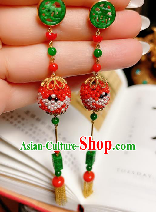 Chinese National Jadeite Tassel Earrings Traditional Jewelry Handmade Red Beads Ear Accessories