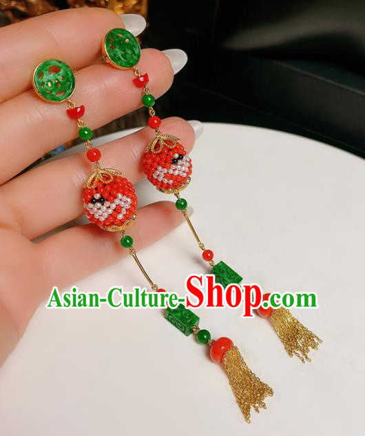 Chinese National Jadeite Tassel Earrings Traditional Jewelry Handmade Red Beads Ear Accessories