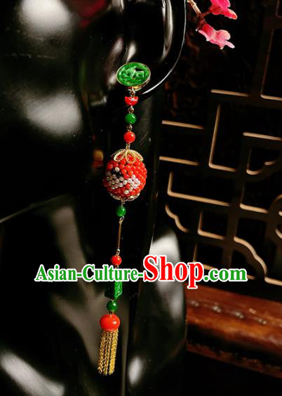 Chinese National Jadeite Tassel Earrings Traditional Jewelry Handmade Red Beads Ear Accessories