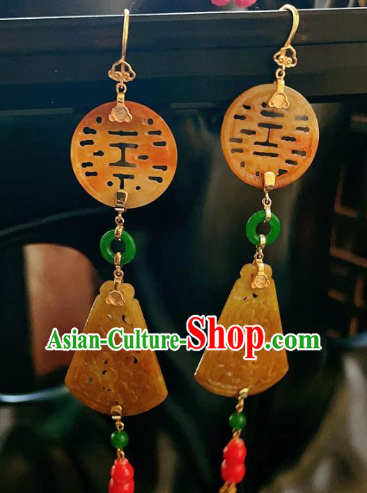 Chinese National Wedding Earrings Traditional Jewelry Handmade Jadeite Tassel Ear Accessories
