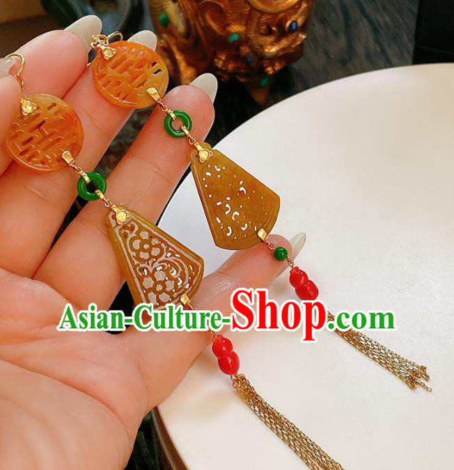 Chinese National Wedding Earrings Traditional Jewelry Handmade Jadeite Tassel Ear Accessories