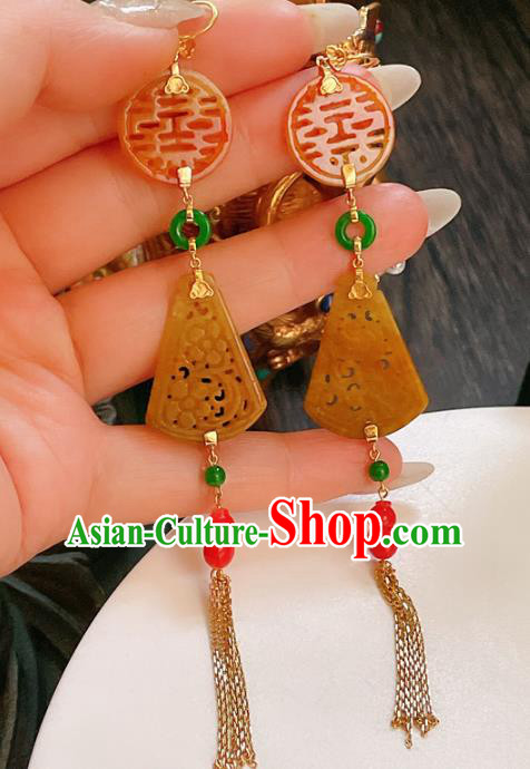 Chinese National Wedding Earrings Traditional Jewelry Handmade Jadeite Tassel Ear Accessories