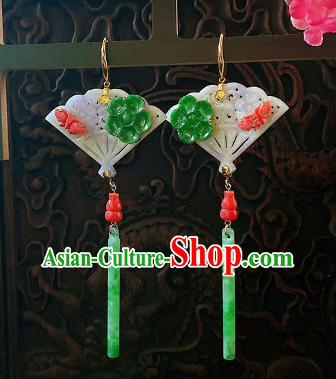 Chinese National Jadeite Fan Earrings Traditional Jewelry Handmade Ear Accessories