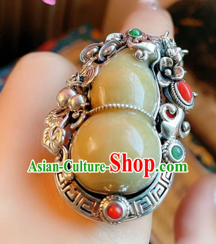 Top Chinese National Jadeite Gourd Ring Jewelry Traditional Handmade Accessories Silver Circlet