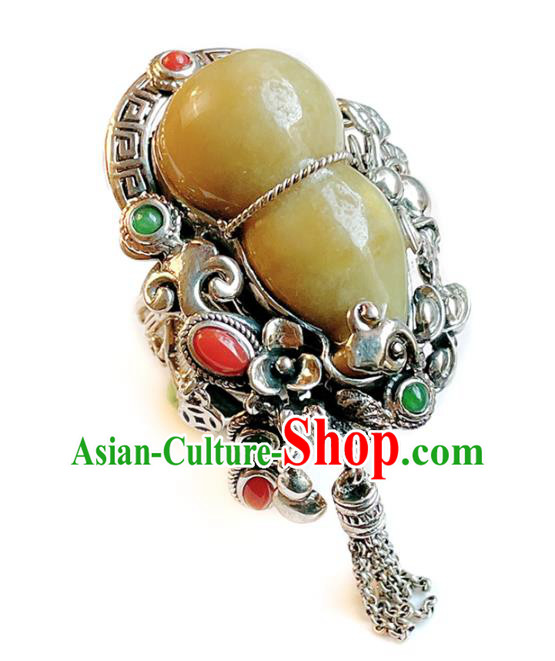 Top Chinese National Jadeite Gourd Ring Jewelry Traditional Handmade Accessories Silver Circlet
