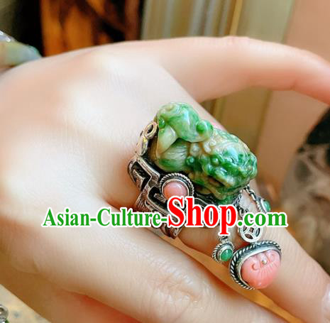 Top Chinese National Ring Silver Jewelry Traditional Handmade Accessories Jade Carving Lion Circlet