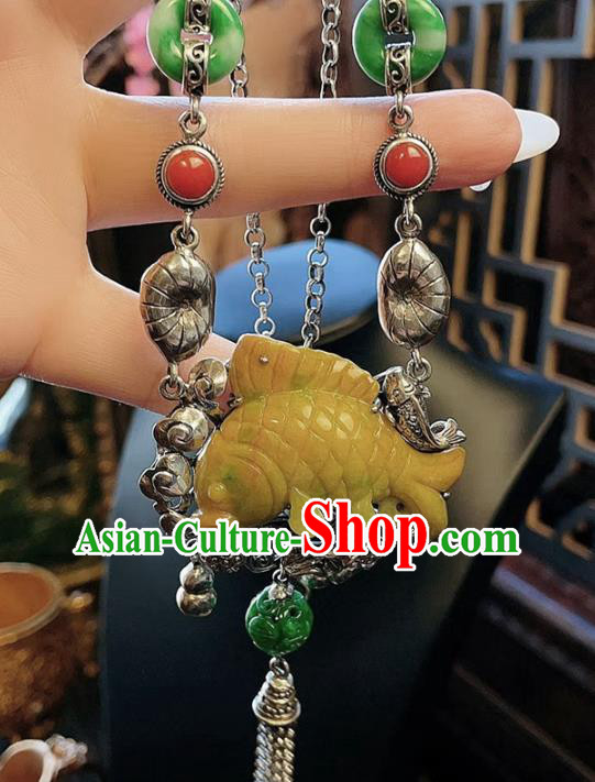 China Traditional Yellow Jade Carp Necklace Accessories Handmade Silver Tassel Necklet Pendant