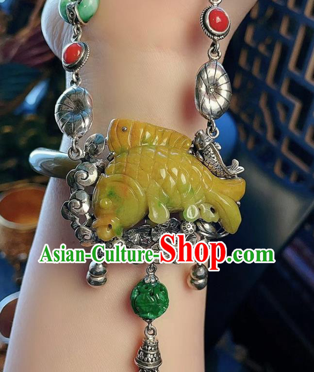 China Traditional Yellow Jade Carp Necklace Accessories Handmade Silver Tassel Necklet Pendant