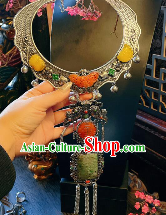 China Traditional Silver Tassel Necklace Accessories Handmade Wedding Jade Necklet Pendant