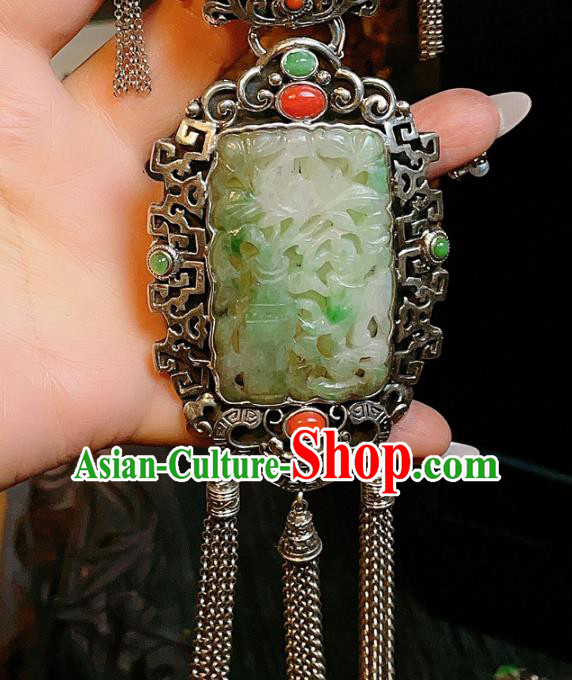 China Traditional Silver Tassel Necklace Accessories Handmade Wedding Jade Necklet Pendant