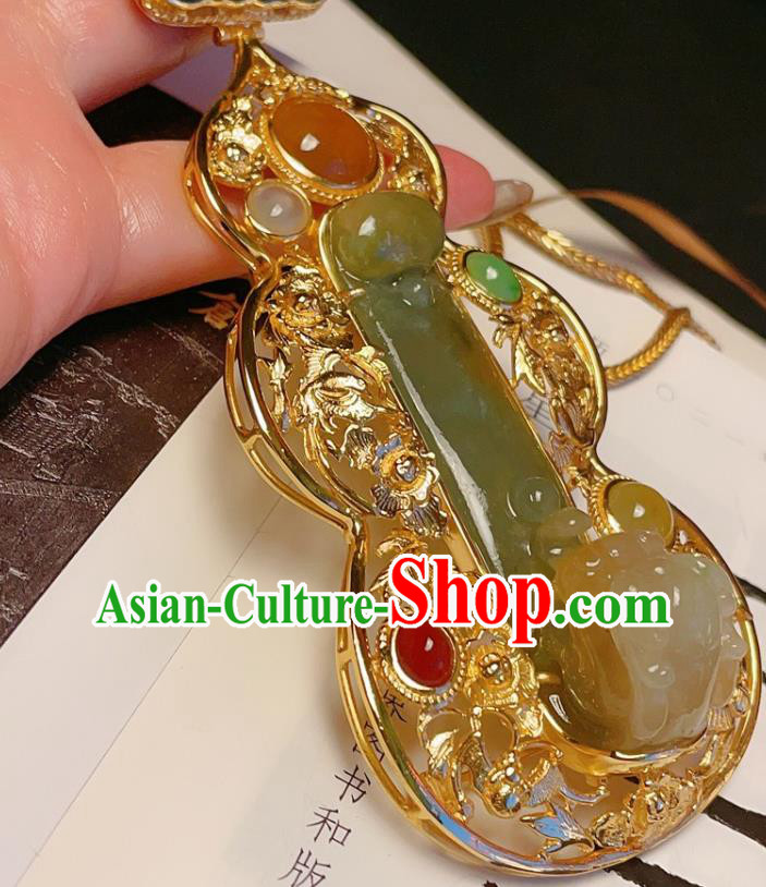 China Traditional Gilding Silver Necklace Accessories Handmade Wedding Jadeite Gourd Necklet Pendant