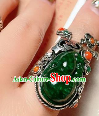 Top Chinese National Wedding Silver Ring Jewelry Traditional Handmade Accessories Green Jadeite Circlet
