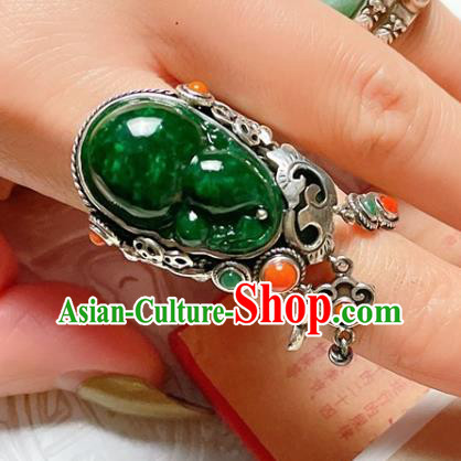 Top Chinese National Wedding Silver Ring Jewelry Traditional Handmade Accessories Green Jadeite Circlet