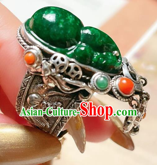Top Chinese National Wedding Silver Ring Jewelry Traditional Handmade Accessories Green Jadeite Circlet