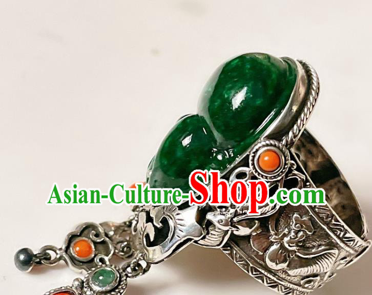 Top Chinese National Wedding Silver Ring Jewelry Traditional Handmade Accessories Green Jadeite Circlet