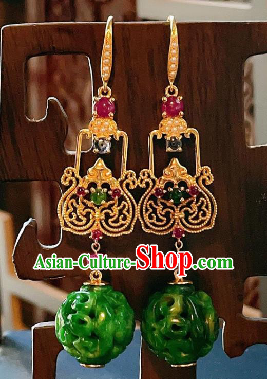 Chinese National Jadeite Carving Earrings Traditional Jewelry Handmade Tourmaline Ear Accessories
