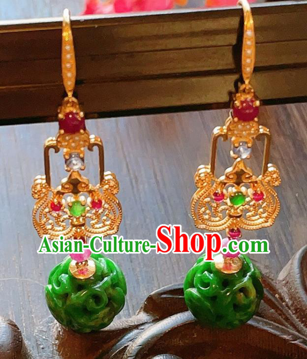 Chinese National Jadeite Carving Earrings Traditional Jewelry Handmade Tourmaline Ear Accessories
