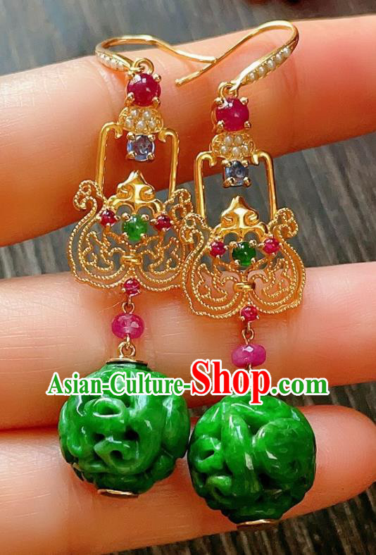 Chinese National Jadeite Carving Earrings Traditional Jewelry Handmade Tourmaline Ear Accessories