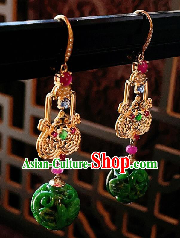 Chinese National Jadeite Carving Earrings Traditional Jewelry Handmade Tourmaline Ear Accessories
