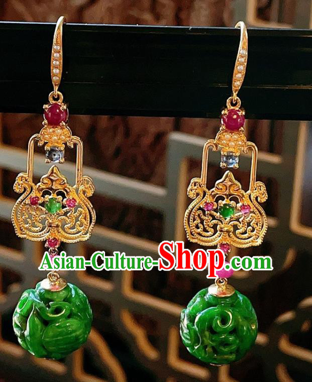 Chinese National Jadeite Carving Earrings Traditional Jewelry Handmade Tourmaline Ear Accessories