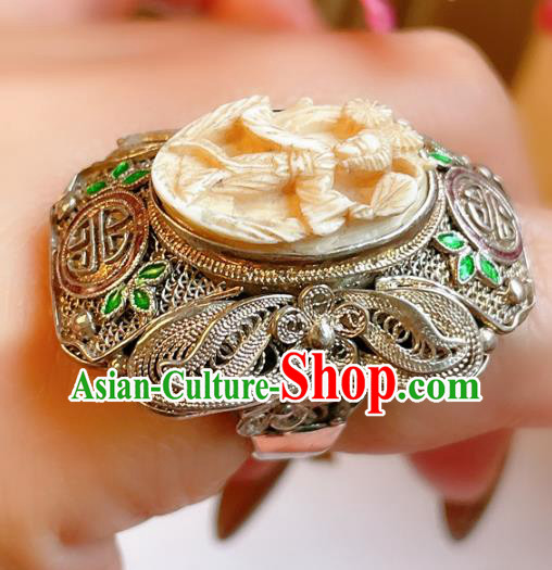 Top Chinese National Carving Beauty Ring Jewelry Traditional Handmade Accessories Silver Circlet