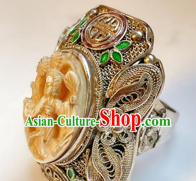 Top Chinese National Carving Beauty Ring Jewelry Traditional Handmade Accessories Silver Circlet