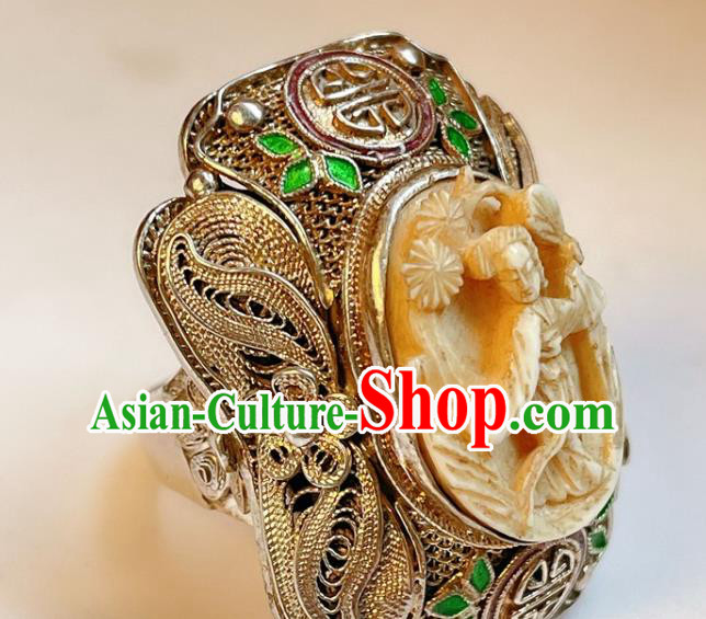 Top Chinese National Carving Beauty Ring Jewelry Traditional Handmade Accessories Silver Circlet