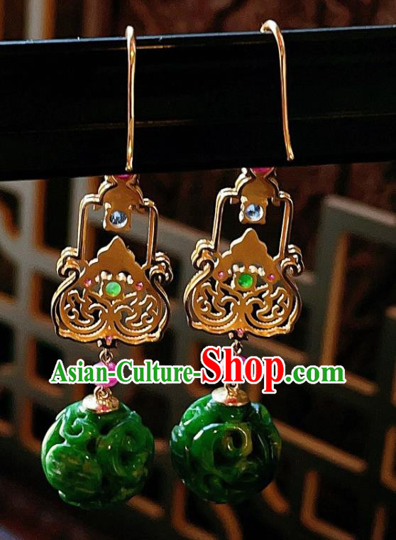 Chinese National Jadeite Carving Earrings Traditional Jewelry Handmade Tourmaline Ear Accessories