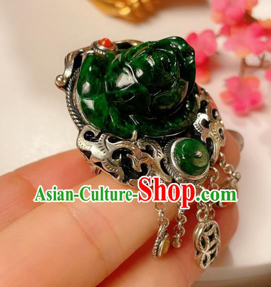 Top Chinese National Silver Carving Ring Jewelry Traditional Handmade Accessories Jadeite Rose Circlet