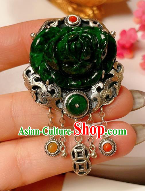 Top Chinese National Silver Carving Ring Jewelry Traditional Handmade Accessories Jadeite Rose Circlet